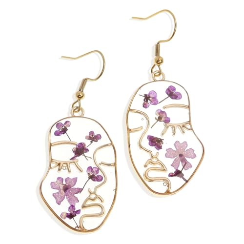 JeanBeau Pressed Flower Abstract Face Art Earrings for Women Teen Handmade Unique Resin Dried Flowers Gold Teardrop Dangle Drop Nature Purple Lavender Floral Earings Fashion Summer Jewelry Gift