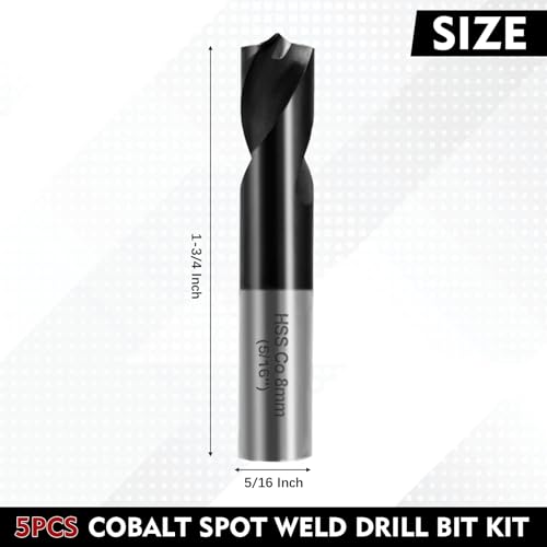 Image of RENYU 5Pcs Cobalt Spot Weld Drill Bit Set Kit, Titanium Coated High Speed Cobalt Steel Weld Cutter Drill Bit Weld Removal Tool 5 /16-inch (8mm) Black