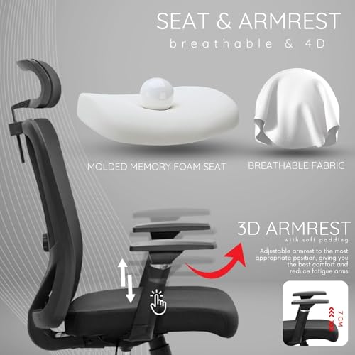 Image of Kinetix Ergonomic Office Chair for Work | Multi-Lock Synchro Tilt Mechanism | 5 Year Warranty | 3D Armrest | Adjustable Lumbar (Black, 3D with Multi Lock)