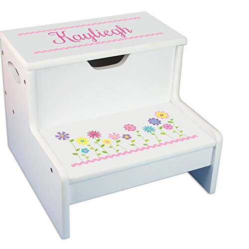 My Bambino Personalized Kids Step Stool | Stemmed Flowers White Childrens Step Stool with Storage | Custom Name Toddler Bathroom & Kitchen Helper | Great Baby Gift