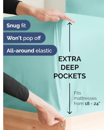 Image of Extra Deep Flex Top Split Head King Fitted Sheet - Hotel Luxury Single Fitted Sheet Only - Easily Fits 18 inch to 24 inch Mattress - Ultra Soft, Wrinkle Free w /Extra Deep Pockets - Spa Blue