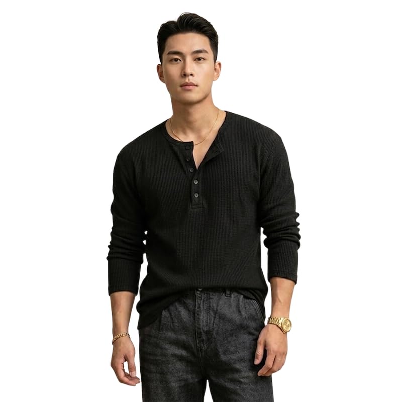 Image of Imsa Moda Men's Textured Fabric Solid Half-Open Collar T-Shirt | Full Sleeve Casual Shirt for Men | Comfortable Fall Wear