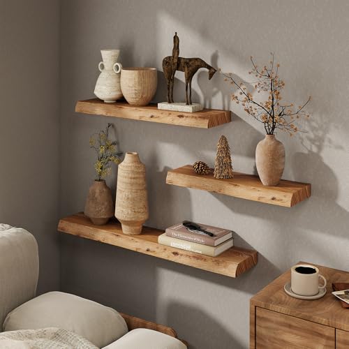 Marsmiles 30 inch Floating Shelves for Wall Elm Wood Live Edge Shelves|Rustic Wall Shelves with Invisible Heavy-Duty Bracket for Bathroom Living Room Kitchen|Natural, 2 Pack - Image 3