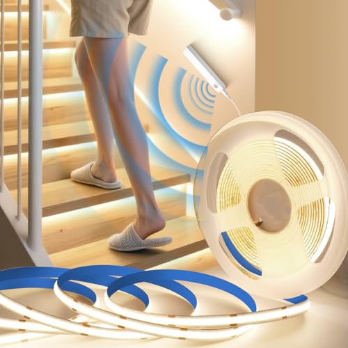 BRIMETI Ruban LED COB avec Détecteur de Mouvement Bande à Piles 5M Blanc Naturel 4000K Autocollant Dimmable Découpable Bandeau LED pour Cuisine Chambre...