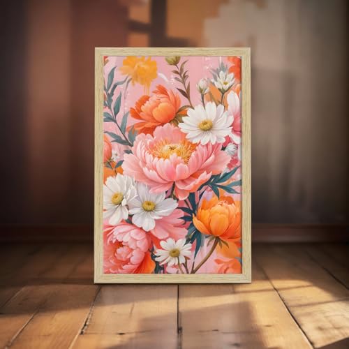 Image of ArtX Paper Floral Art Paintings with Frame for Home Decor, Wall Painting for Living Room, Multicolor, Natural Wood Color Frames, Set of 2