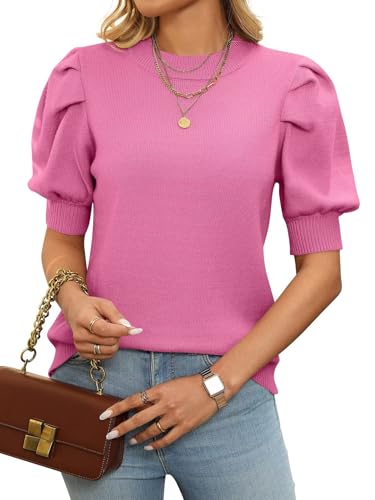 Image of Ahtyeo Women's Puff Short Sleeve Sweater Tops 2025 Spring Summer Trendy Crew Neck Casual T Shirts Pullover Blouses