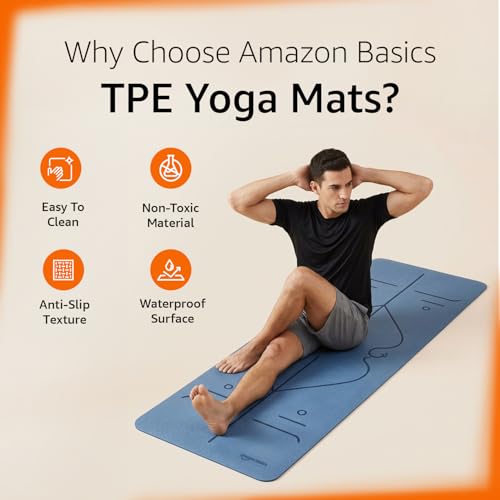 Image of Amazon Basics TPE Yoga & Exercise Mat with Carrying Strap | 6 mm Thick | Non-Slip Grippy Surface | Lightweight & Eco-Friendly Rubber-Like Material | Floor Protection | Ideal for Yoga, Pilates, Stretching & Fitness | 183 x 61 cm | Dark Blue & Light Blue