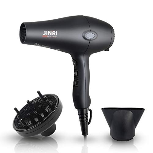 INRI 1875W Negative Ions Salon Hair Dryer, Professional DC Motor Air Blower with Concentrator & Diffuser, 3 Heat 2 Speed with Cool Shot Button, Light Weight Low Noise Hair Blow Dryers, Black
