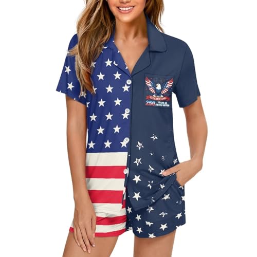 Image of Women's Short Sleeve Sleepwear Button 2 Piece Plus Size Pajamas Casual Soft Stretchy Funny Nightwear with Pockets