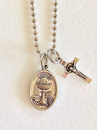 Boy's First Communion Necklace, Holy Eucharist Charm, Crucifix, Holy Communion, Christian Faith, Personalized, Stainless Steel, Pewter. #TOP2