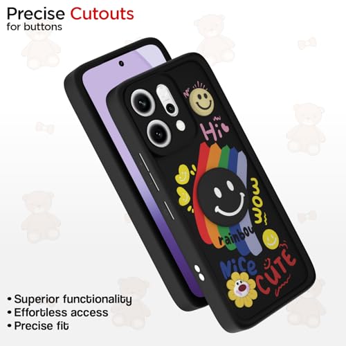 Image of Pikkme Back Cover for Oppo Reno 14 Pro 5G | Soft Silicone| Cute Rainbow Smile & 3D Cartoon Flower Design | Shockproof Raised Camera Protection Bumper Case (Black)