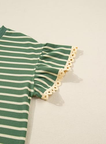 SHEWIN Women Summer Tops Ruffle Short Sleeve Shirts Business Dressy Blouse Casual Fashion Trendy Sweaters Loose Fit Work 2026 Clothes Size 2XL, Beige and Green Stripe