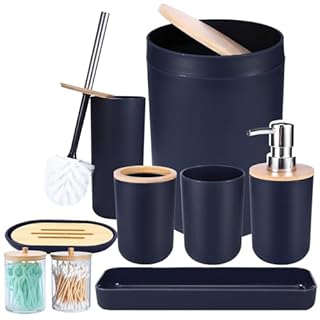 iMucci 8Pcs Navy Blue Bathroom Accessories Set - with Trash Can Toothbrush Holder Soap Dispenser Soap and Lotion Set Tumbler Cup (IZ0124)