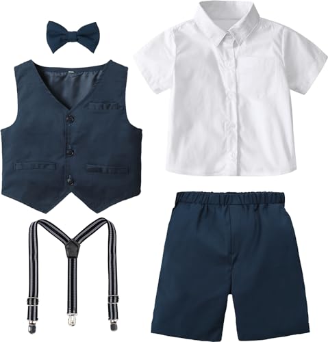 Image of A&J DESIGN Baby & Toddler Boys 3Pcs Suspenders Suit Set, Dress Shirt, Bow Tie, Vest and Shorts (12M - 5T)