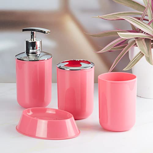Image of Kookee Acrylic Bathroom Set - Stylish 4 Piece Bath Accessories Kit with Soap Dispenser, Toothbrush Holder, Tumbler & Soap Dish - Modern & Designer Decor for Home & Guest Bathrooms (7397)