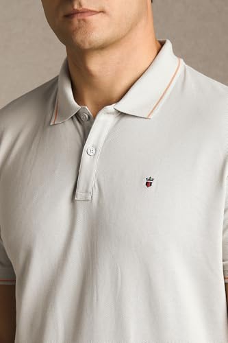 Image of Louis Philippe Men's Slim Fit Single-Tuck Pique Stylized Sleeve Print and Contrast Tipping Half Sleeve Solid Polo Tshirt