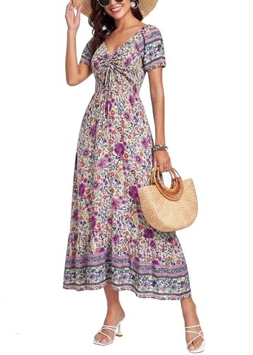 Image of Summer Smocked Boho Maxi Dress for Women 2026 Short Sleeve Floral Smocked Flowy Ruffled Beach Vacation Dresses Lightweight