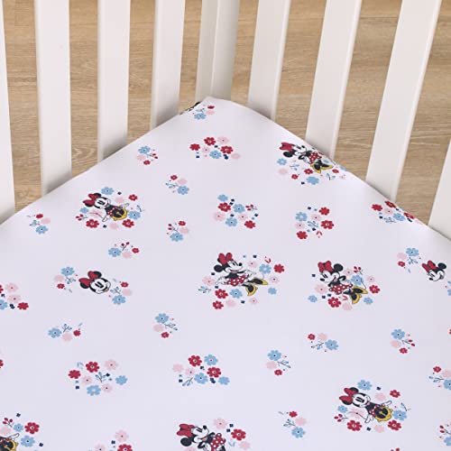 Image of Disney Minnie Mouse - Pink, Blue and White Small Town Floral Nursery Fitted Mini Crib Sheet