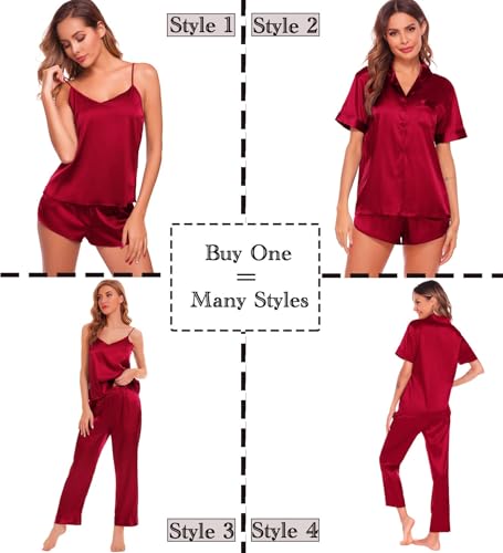 Image of SWOMOG Womens Silk Satin Pajamas Sets 4pcs Sleepwear Sexy Cami Shorts Set and Button Down Short Sleeve Pjs Loungewear
