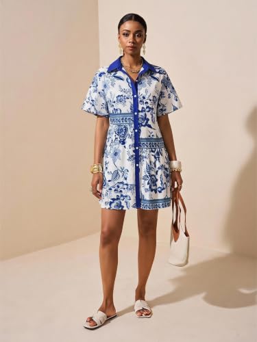 Image of SOLY HUX Women's Floral Button Down Shirt Dress Collared Short Sleeve Ruffle Babydoll Summer Boho Vacation Short Dresses