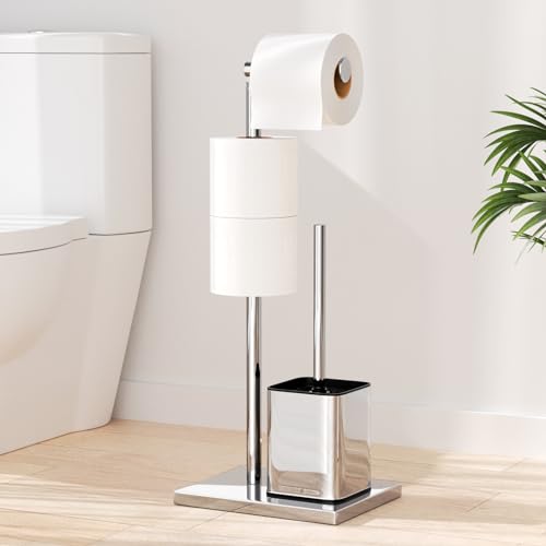 Porte Papier Toilette Avec Brosse WC - Support Papier Toilette Debout en Acier Inoxydable Avec Brosse de Toilette, Amovible, Porte Papier Toilette sur Pied...