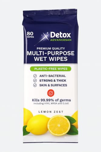 Detox AdvanceSan Biodegradable EXTRA THICK Multi-Purpose Wipes | Lemon Zest | 80 Count | Plastic-Free, Antibacterial, Resealable Pack