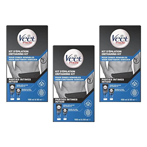 VEET FOR MEN – 3 Kit de depilación íntima – 3 cremas depilatorias de 100 ml y 3 bálsamos nutritivos 50 ml – zonas sensibles