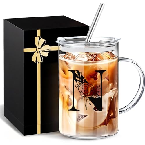 Image of Yekidos Personalized Extra Large Glass Drinking Cup With Lid Straw Boss Gifts For Women Cute Mug Gift For her Iced Glass Tumbler Initial Cup Retirement Gift Must Haves For Women Apartment Essentials