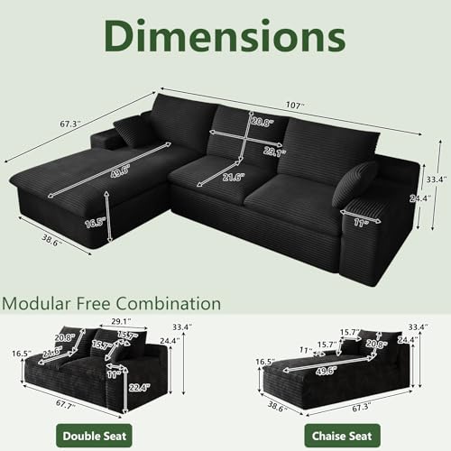 Image of 107 inch Cloud Couch Modular Sectional Sofa for Living Room, L-Shape Boneless Couch with Deep Seat, Modern Corduroy 3-Seater, No Assembly Required (Black,Left-Facing Chaise)