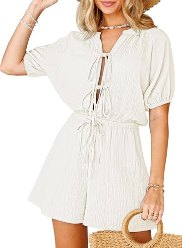 Fixmatti Women Summer Romper - Self Tie V Neck Casual Jumpsuit