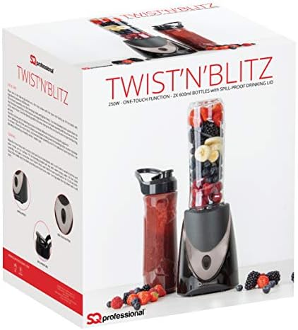 SQ Professional Blitz - Twist'n'Blitz - Nutrient Extractor/Personal Mini Blender Juicer Smoothie Maker with 2 x Portable Blending Bottles (600 ml) 250W (Black/Silver)