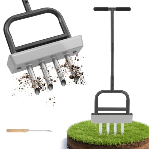 VELPAX Lawn Aerator Heavy Duty Hollow Tine Manual Tool with 4 Cores and Storage Tray T-Handle Grass Aerator for Compacted Soil Aeration and Lawn Care Includes Soft Grip
