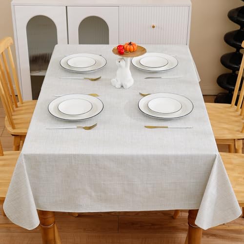 Image of Heavy Duty Vinyl Tablecloth with Flannel Backing Waterproof Oil-Proof Plastic Table Cloth Stain-Resistant Wipeable Rectangle or Square Table Cover for Indoor and Outdoor (Beige Striped,54x54 Inch)