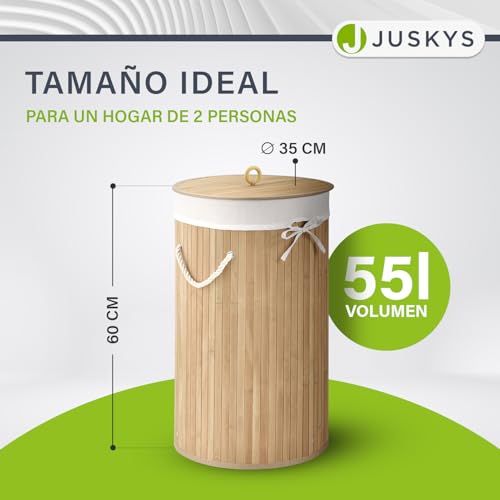 Juskys Cesto para la ropa de bambú Curly-Round — Volumen de 55 litros - Cubo para la ropa con tapa, asa y bolsa para la ropa de tela — Cubo para la ropa con 1 compartimento — Natural - imagen 2