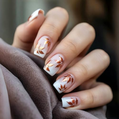 Fall Press on Nails Short Square Glossy Fake Nails with Glitter Maple...