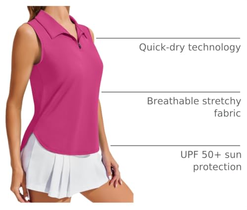 Image of PINSPARK Women Golf Shirts Sleeveless UPF 50+ Tennis Polo V-Neck Quick Dry Athletic T Shirt 1 /4 Zip Collar Workout Tank Top