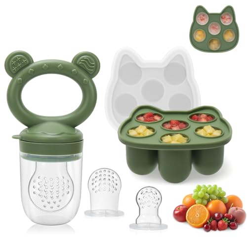 MR.TIMELAG Fruchtsauger Baby Silikon Obstschnuller (mit Eiswürfelform) für Obst Gemüse Brei Beikost Babybrei Einfrieren Behälter für Babynahrung Muttermilch Beißring Zahnungshilfe BPA-Frei