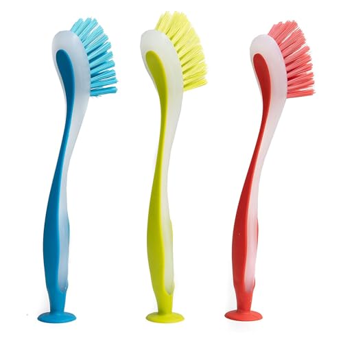 YUXITA Juego de 3 cepillos coloridos para lavar platos con ventosas integradas y mango largo para herramienta de fregado de cocina