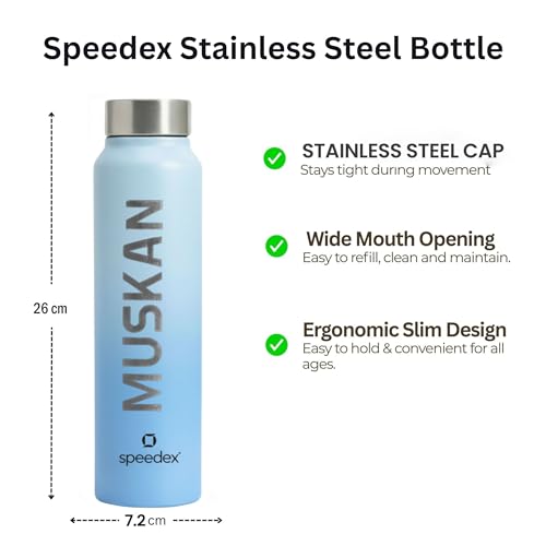 Image of Speedex Customised Engraved Name Stainless Steel Water Bottle 1 Ltr - Personalised Screw Cap Bottle for Kids, Men & Women, School, Office, Gym, Dual Blue, Set of 1