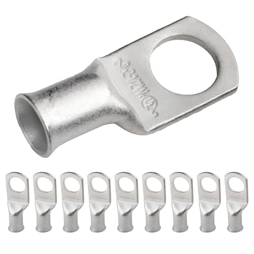 Image of SELTERM 10pcs 2 AWG-1 /2 inch Stud Tinned Copper Wire Lugs, Heavy Duty Battery Cable Ends,2 Gauge Ring Terminals, UL Battery Lugs Marine Grade Copper Eyelets Electrical Battery Terminal Connectors