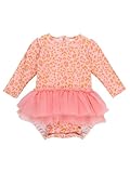 RuffleButts Baby Girls UPF 50+ Sun Protection Tulle Skirted Long Sleeve One Piece Rash Guard Swimsuit - Pink Leopard, 12-18m