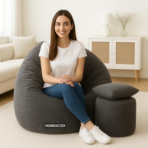 Image of XL Velvet Bean Bag Combo with Footrest & Cushion Filled Bean Bag with Beans, Capacity Upto 70Kg Weight |Grey