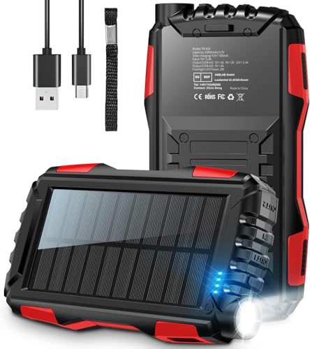 Solar Power Bank, 46800mAh Portable Charger, 3A USB C Fast Charging Battery Pack, PD18W QC 3.0 Phone Charger with Flashlight, Outdoor Waterproof Power Bank 3 Charging Port for iPhone/Samsung-Red Solar Power Bank, 46800mAh Portable Charger, 3A USB C Fast Charging Battery Pack, PD18W QC 3.0 Phone Charger with Flashlight, Outdoor Waterproof Power Bank 3 Charging Port for iPhone/Samsung-Red