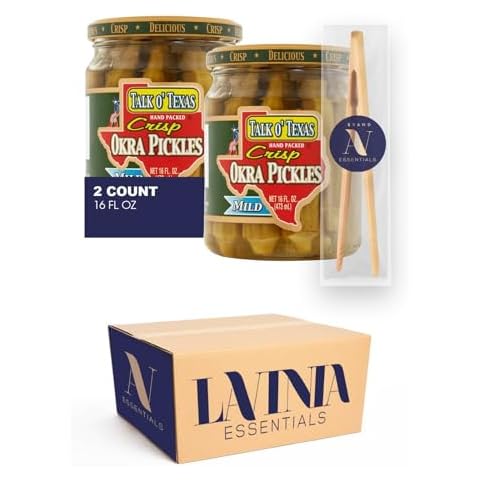 Talk o' Texas Pack- of Okra Pickles 16 oz Glass Jar + 1-7 Inch Bamboo Tong by Lavinia Essentials (2 Pack, Mild) Cover