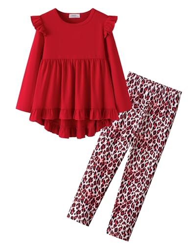 Image of Yekaty Girls Clothes Ruffle Shoulder High Low Hem Long Sleeve Top and Floral Pants 2 Piece Fall Outfits Clothing Set