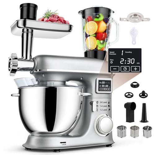 Batidora eléctrica de pie de 8 litros con pantalla LED, 6 velocidades, cabezal inclinable para amasar, moler carne y hacer pasta, tazón de acero inoxidable, electrodoméstico de cocina para hornear y
