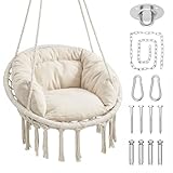 Athena Collection Hammock Chair Hanging Swing Chair with Large Thick Cushions, Outdoor Hanging Chair with Macrame Cotton Rope for Indoor, Outdoor, Bedroom, Balcony, Holds 350 Lbs, White