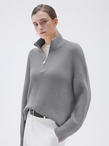 Image of SUUKSESS Women Cashmere Blend Oversized Quarter Zip Pullover Sweater Long Sleeve Collared Ribbed Knit Jumper Tops