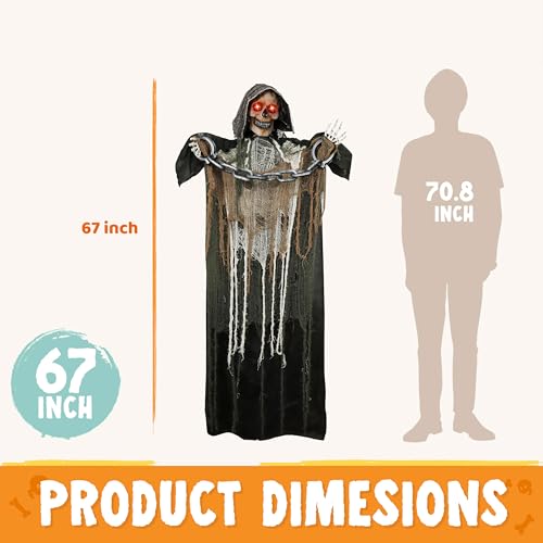 Image of JOYIN 67 inch Halloween Decorations Outdoor Life Size Animatronics Grim Reaper with Chain, Sound-Actived Party Decor with Creepy Sound, Scary Haunted House Props for Garden Yard Lawn