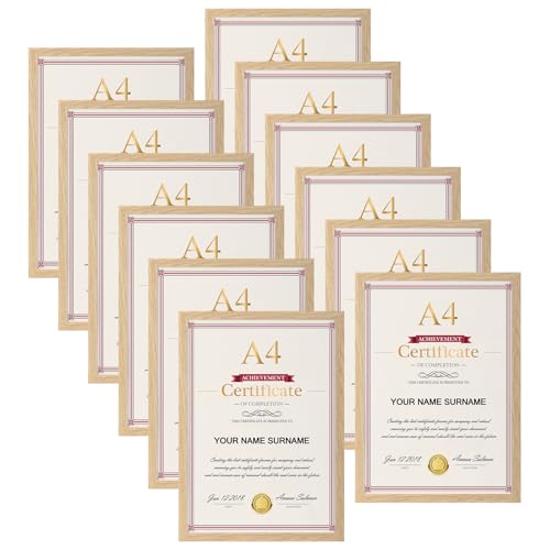 Giftgarden Lot de 12 Cadre A4 Bois, Cadre photo A4(21x29.7 cm) en PVC, Pour Certificat Diplôme et Document, Sur table et à suspendre